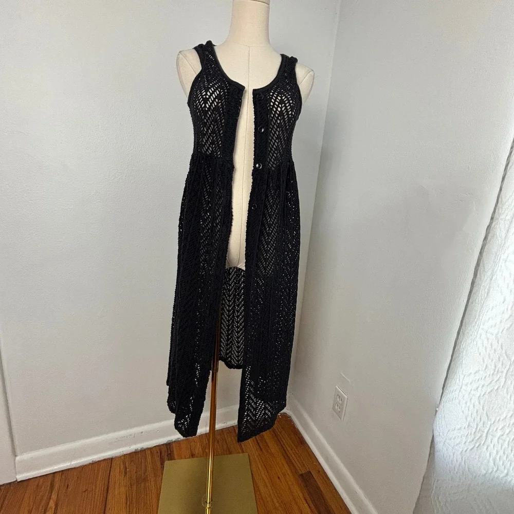Black Crochet Knit Button-Front Midi Dress Boho Dark Cottagecore Duster Women M